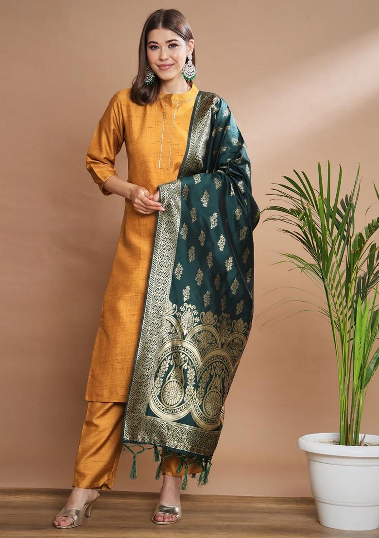 Mustard Yellow Self Design Pure Cotton Salwar Kameez With Dupatta