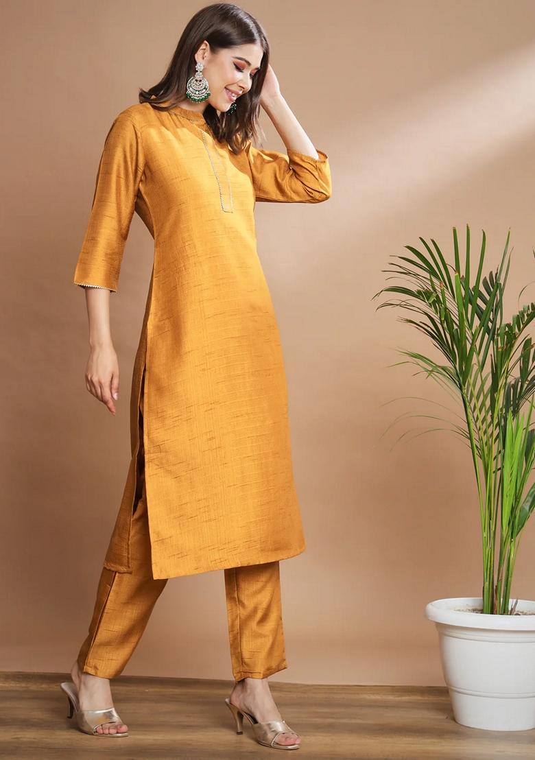Mustard Yellow Self Design Pure Cotton Salwar Kameez With Dupatta