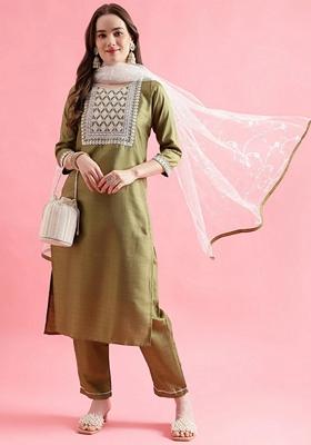 Pista Green Embroidered Silk Blend Salwar Kameez With Dupatta