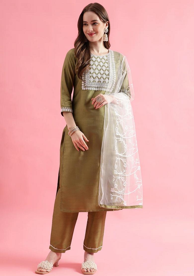 Pista Green Embroidered Silk Blend Salwar Kameez With Dupatta