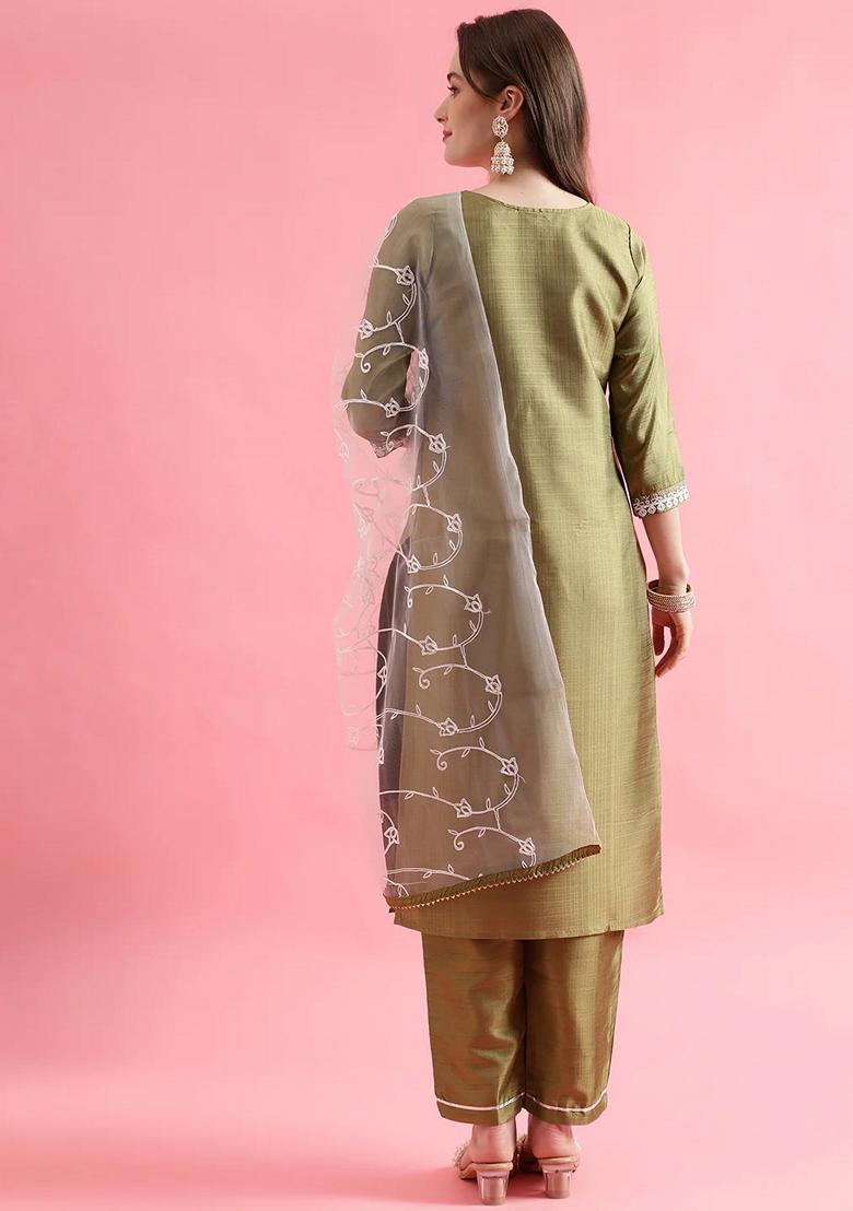 Pista Green Embroidered Silk Blend Salwar Kameez With Dupatta