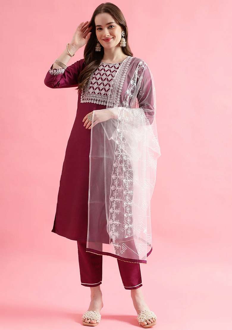 Purple Embroidered Silk Blend Salwar Kameez With Dupatta - Indya