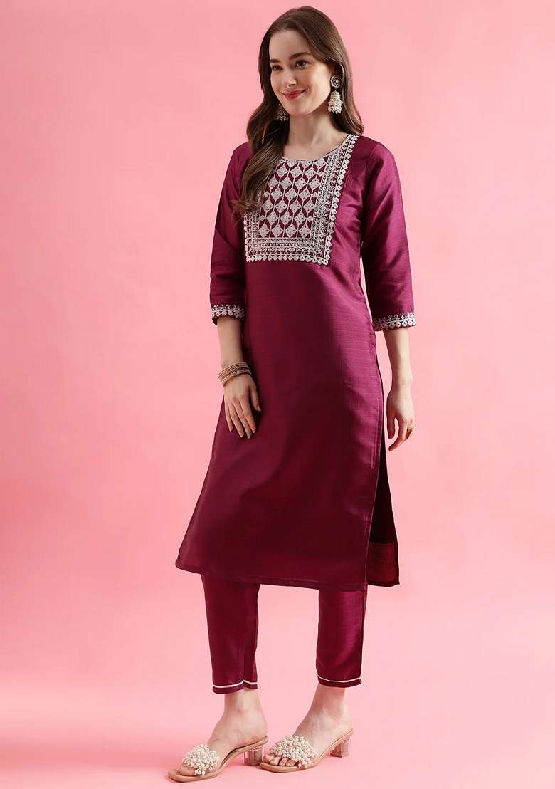 Purple Embroidered Silk Blend Salwar Kameez With Dupatta - Indya