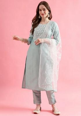 Green Embroidered Silk Blend Salwar Kameez With Dupatta