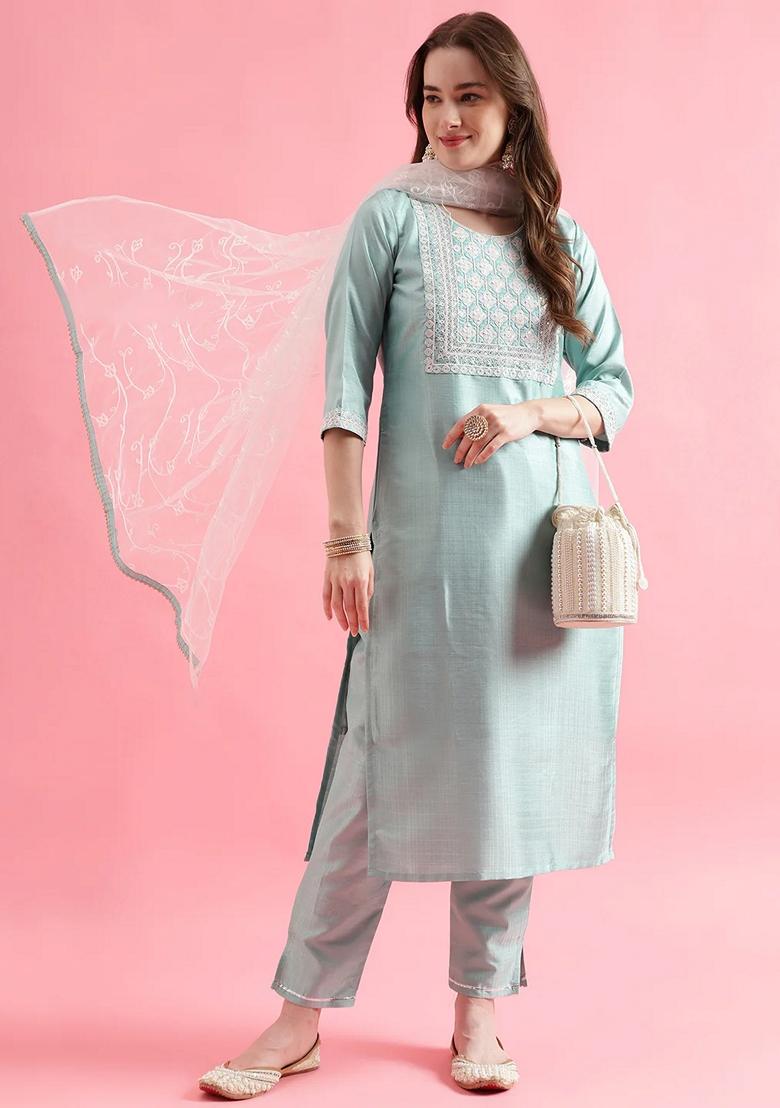 Green Embroidered Silk Blend Salwar Kameez With Dupatta