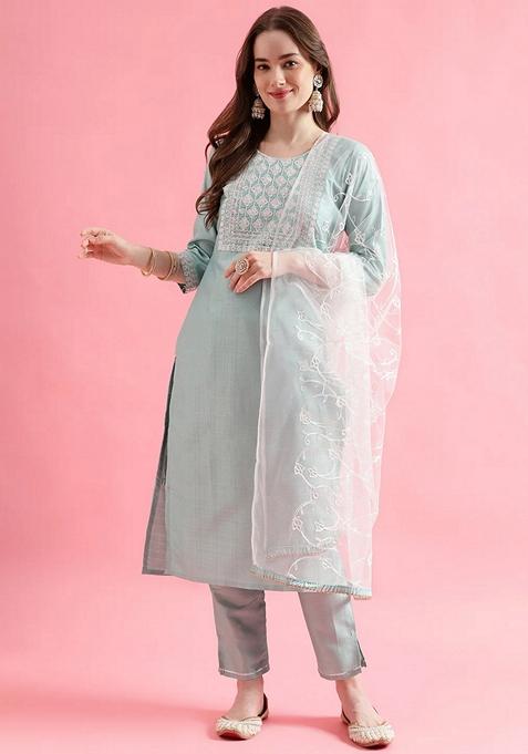 Green Embroidered Silk Blend Salwar Kameez With Dupatta