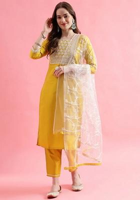 Yellow Embroidered Silk Blend Salwar Kameez With Dupatta