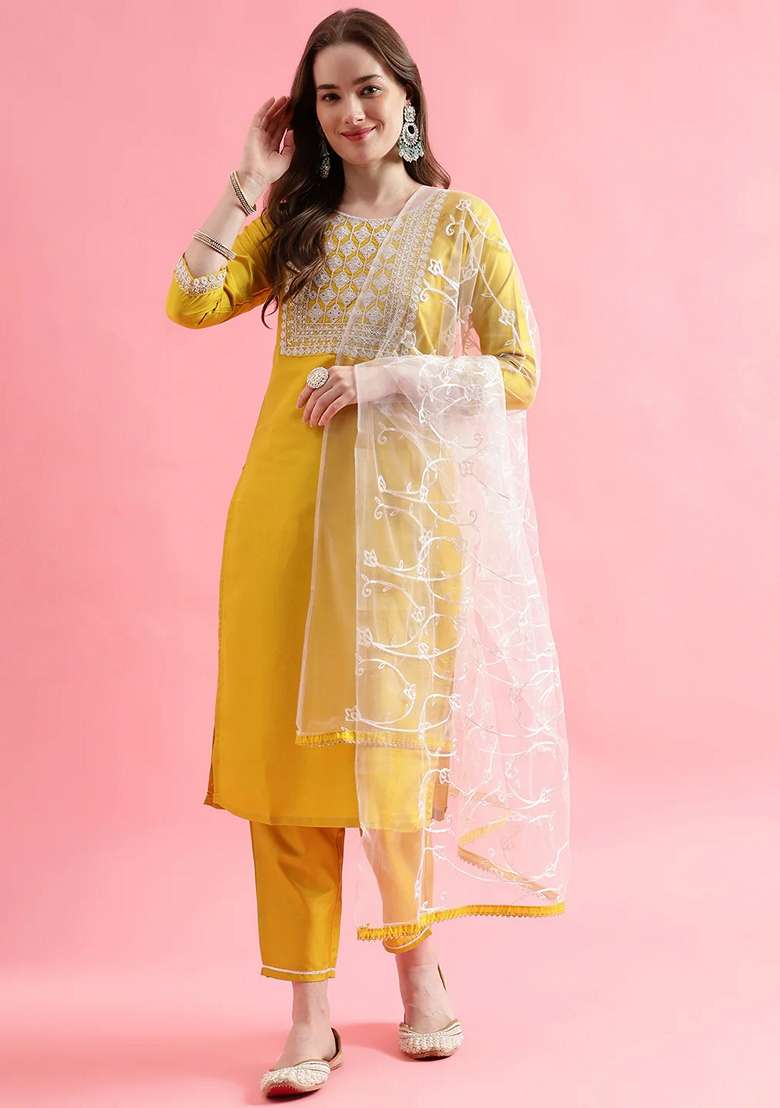 Yellow Embroidered Silk Blend Salwar Kameez With Dupatta - Indya