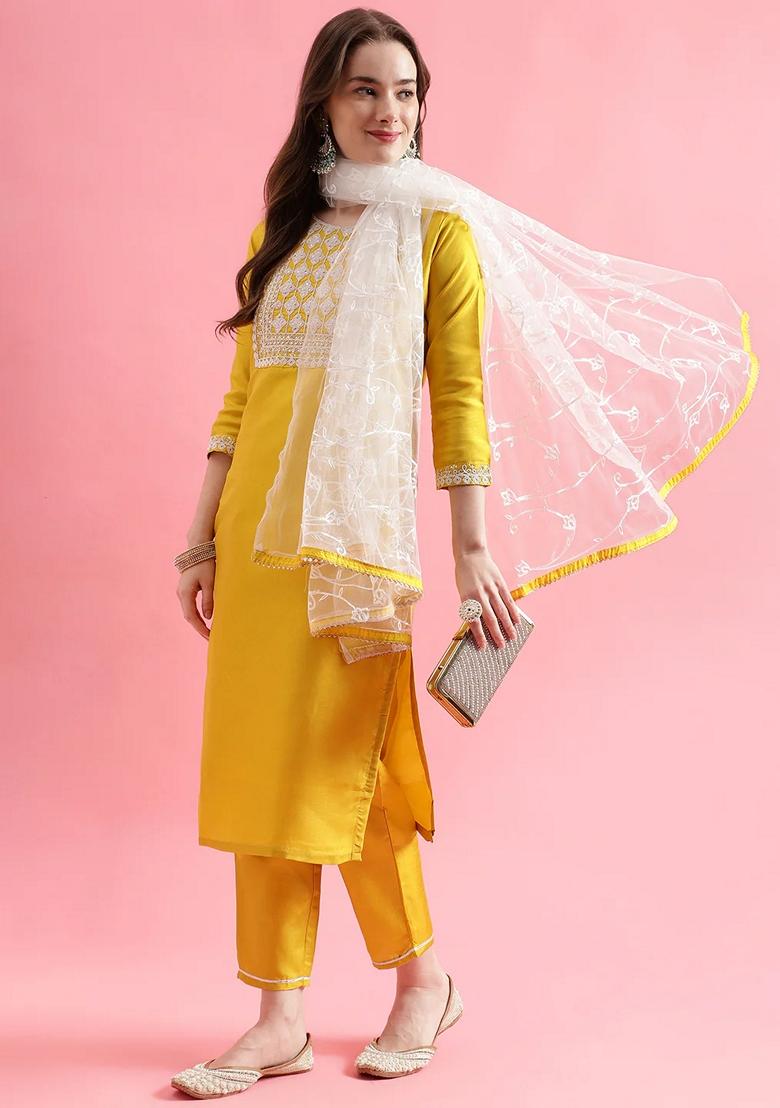 Yellow Embroidered Silk Blend Salwar Kameez With Dupatta