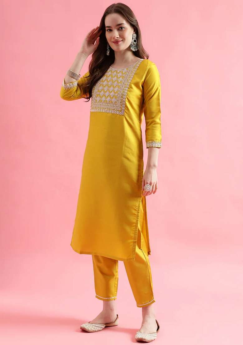 Yellow Embroidered Silk Blend Salwar Kameez With Dupatta - Indya