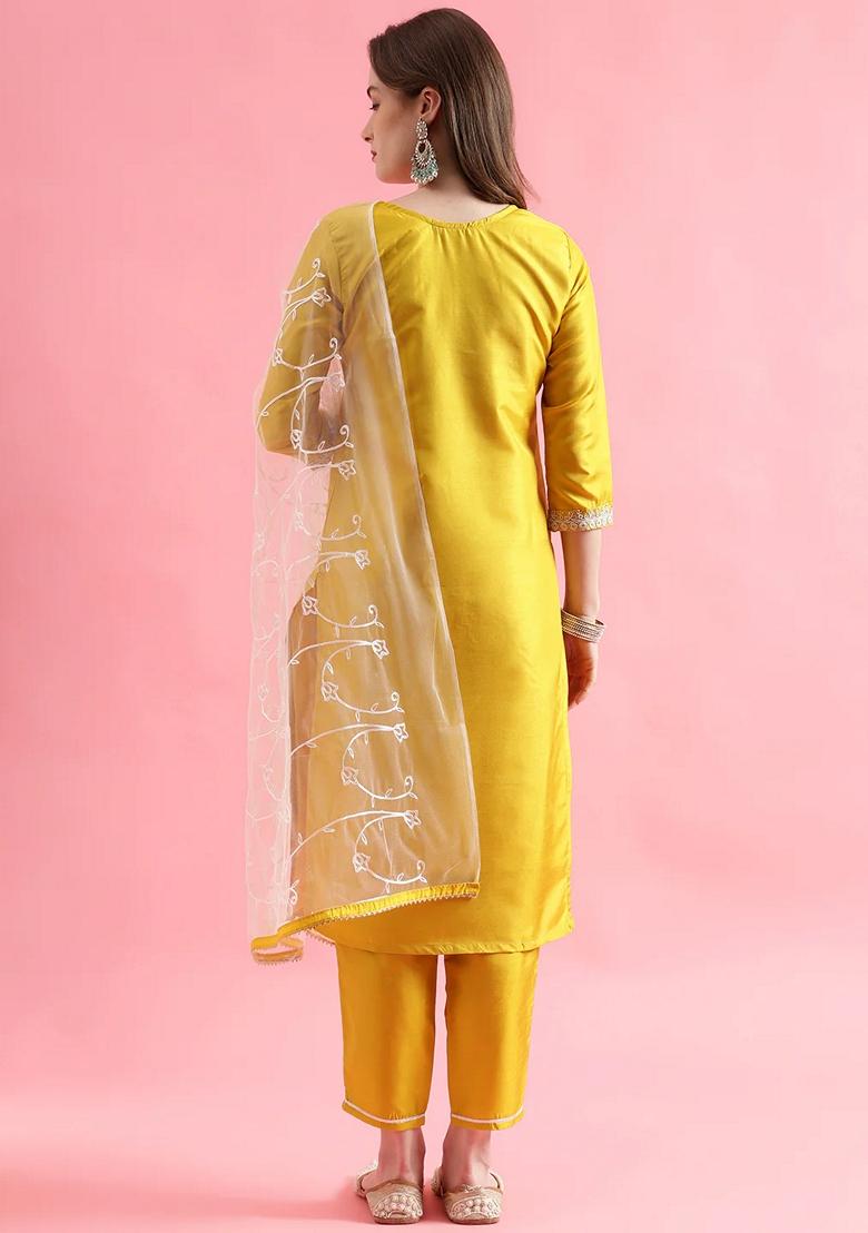 Yellow Embroidered Silk Blend Salwar Kameez With Dupatta