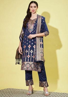 Blue Banarasi Woven Self Designed Pure Cotton Salwar Kameez With Dupatta