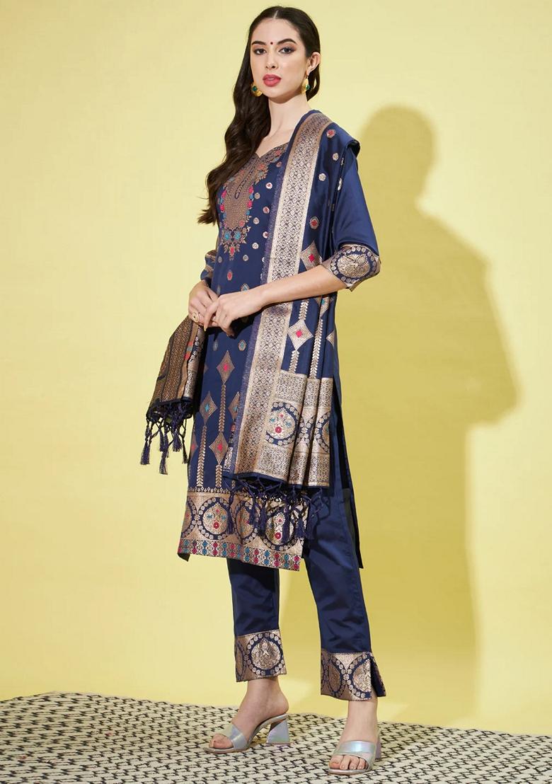 Blue Banarasi Woven Self Designed Pure Cotton Salwar Kameez With Dupatta