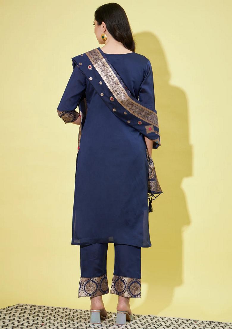 Blue Banarasi Woven Self Designed Pure Cotton Salwar Kameez With Dupatta