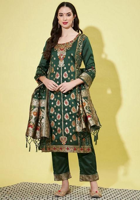 Green Embroidered Cotton Straight Kurta Set