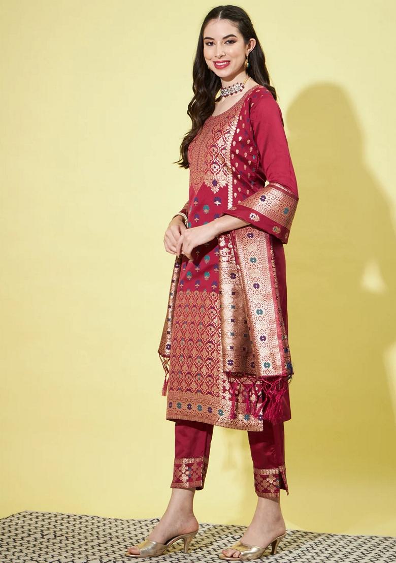 Maroon Banarasi Woven Self Designed Pure Cotton Salwar Kameez With Dupatta