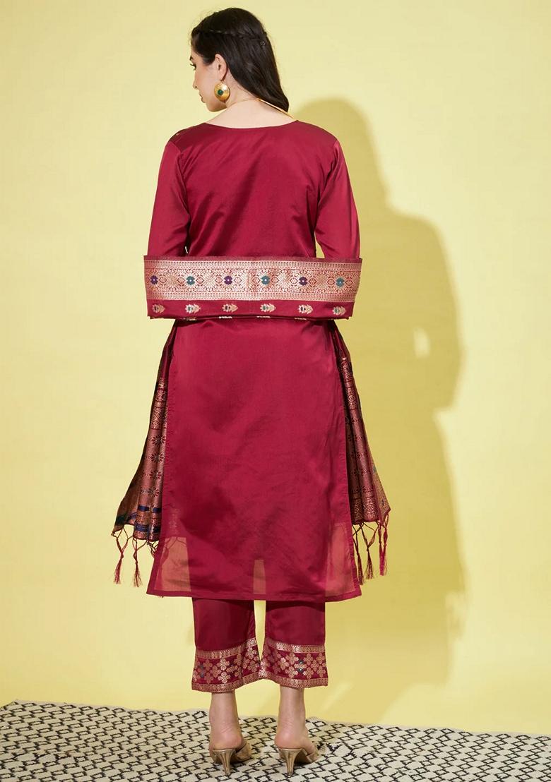 Maroon Banarasi Woven Self Designed Pure Cotton Salwar Kameez With Dupatta