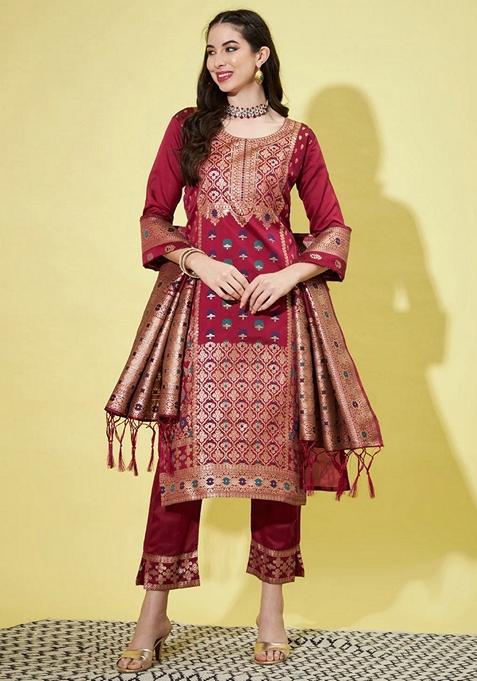 Maroon Jacquard Cotton Straight Kurta Set