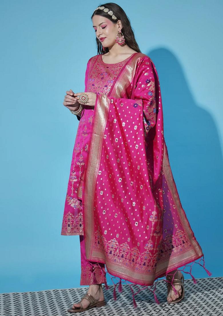 Pink Banarasi Woven Self Designed Pure Cotton Salwar Kameez With Dupatta