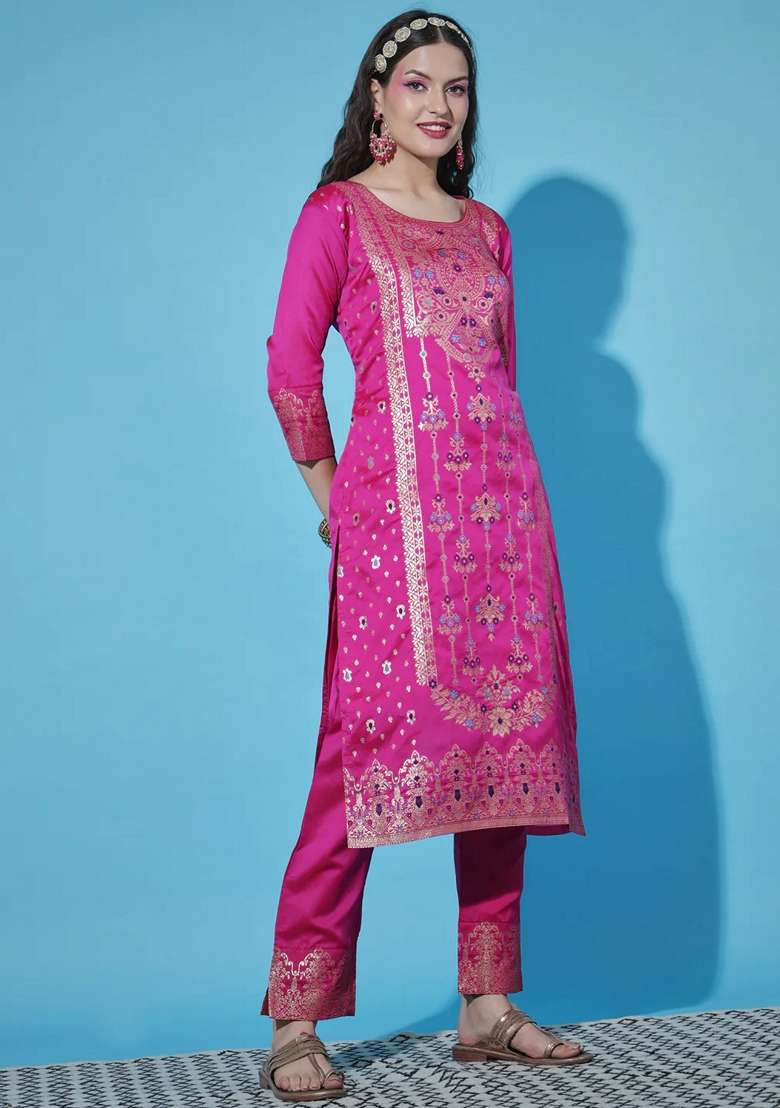 Pink Embroidered Cotton Straight Kurta Set - Indya