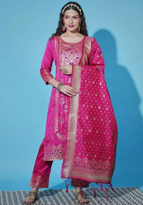 Pink Embroidered Cotton Straight Kurta Set