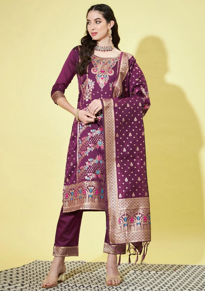 Purple Banarasi Woven Self Designed Pure Cotton Salwar Kameez With Dupatta