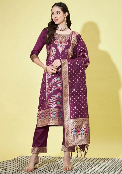 Purple Jacquard Cotton Pakistani Suit Set