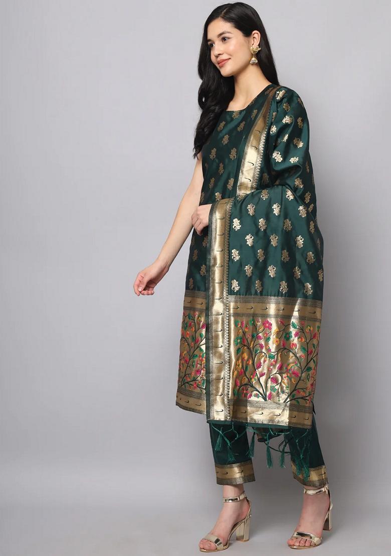 Green Banarasi Woven Self Designed Pure Cotton Salwar Kameez With Dupatta