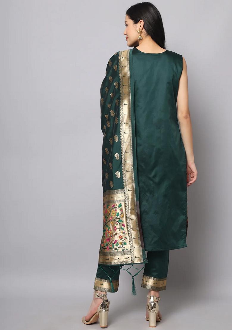 Green Banarasi Woven Self Designed Pure Cotton Salwar Kameez With Dupatta