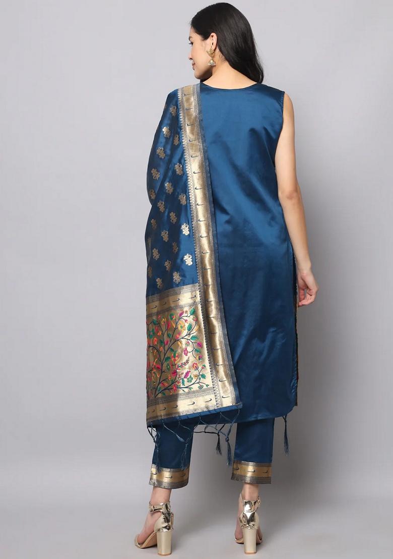 Blue Banarasi Woven Self Designed Pure Cotton Salwar Kameez With Dupatta