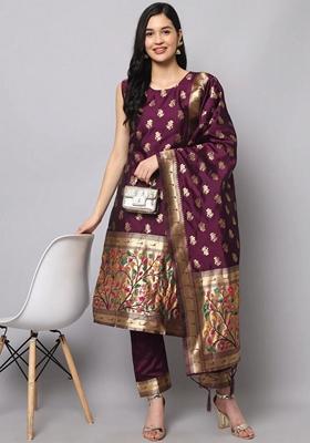 Purple Banarasi Woven Self Designed Pure Cotton Salwar Kameez With Dupatta