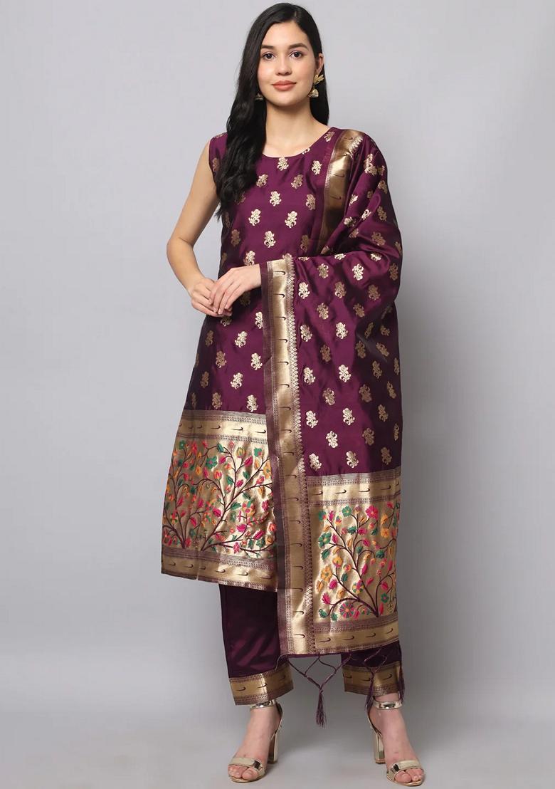 Purple Banarasi Woven Self Designed Pure Cotton Salwar Kameez With Dupatta