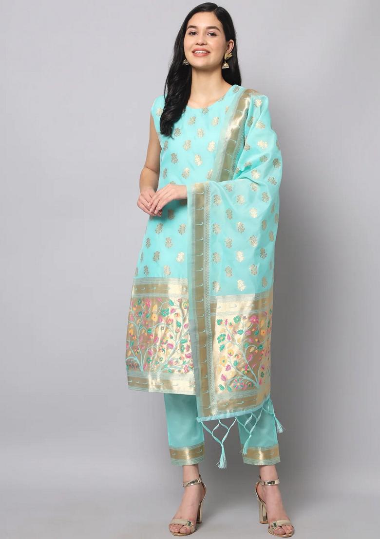 Firoji Blue Banarasi Woven Self Designed Pure Cotton Salwar Kameez With Dupatta