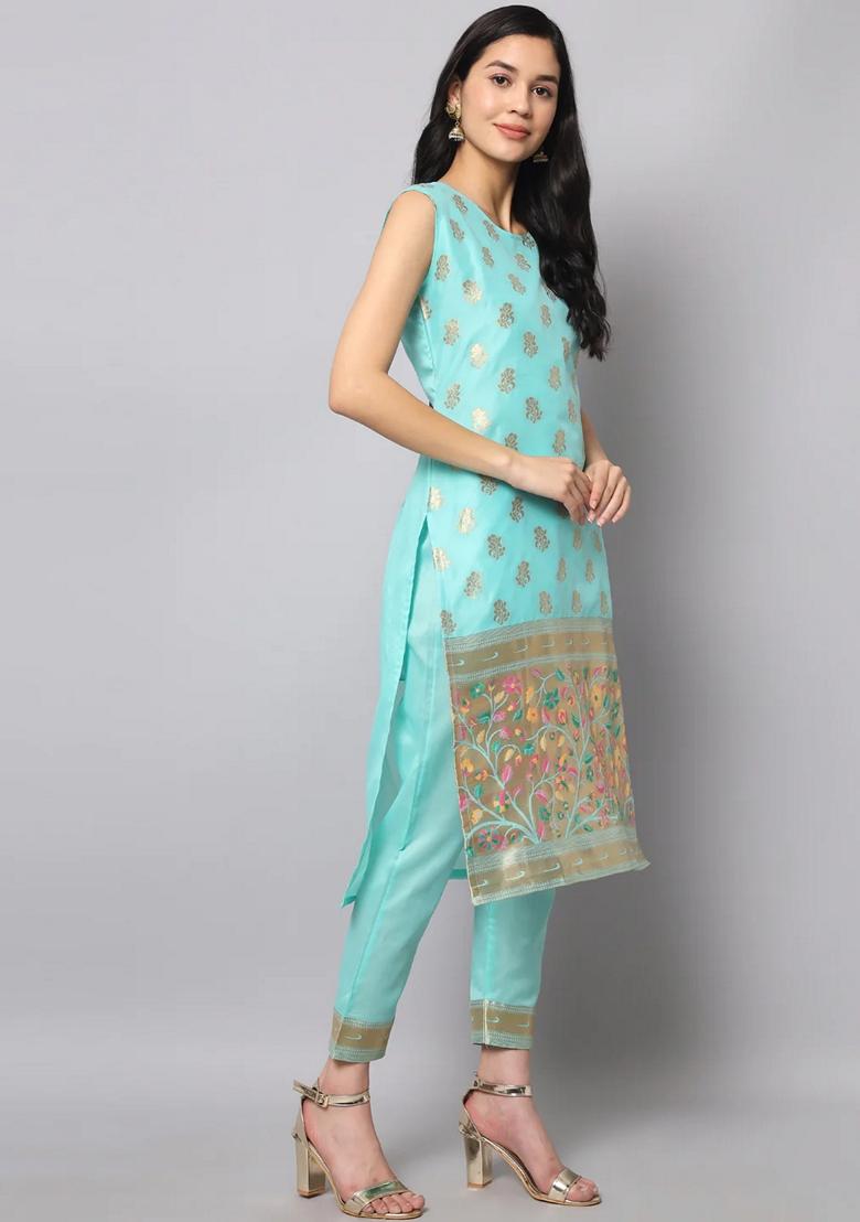 Firoji Blue Banarasi Woven Self Designed Pure Cotton Salwar Kameez With Dupatta