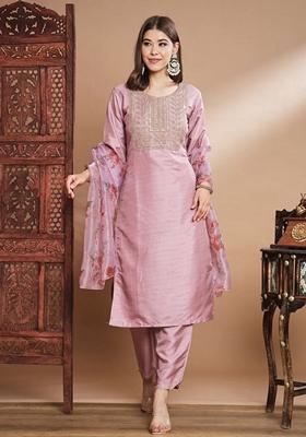 Baby Pink Embroidered Silk Blend Salwar Kameez With Dupatta