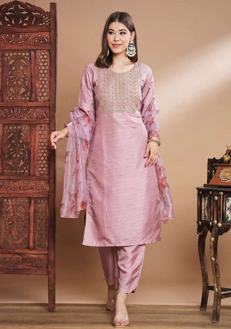 Baby Pink Embroidered Silk Blend Salwar Kameez With Dupatta - Indya