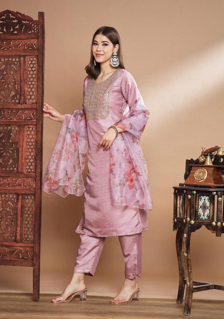 Baby Pink Embroidered Silk Blend Salwar Kameez With Dupatta