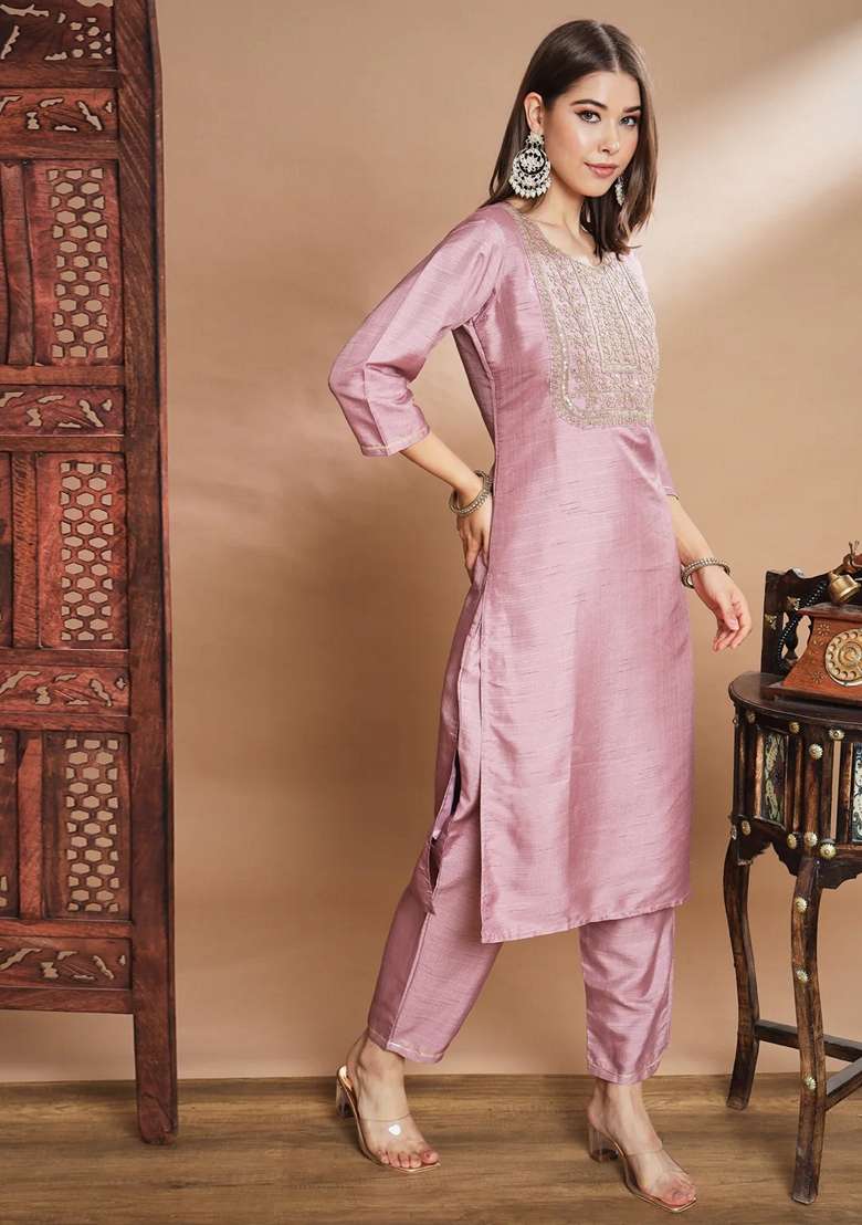 Baby Pink Embroidered Silk Blend Salwar Kameez With Dupatta - Indya