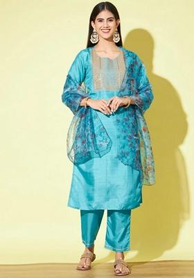 Firoji Blue Embroidered Silk Blend Salwar Kameez With Dupatta