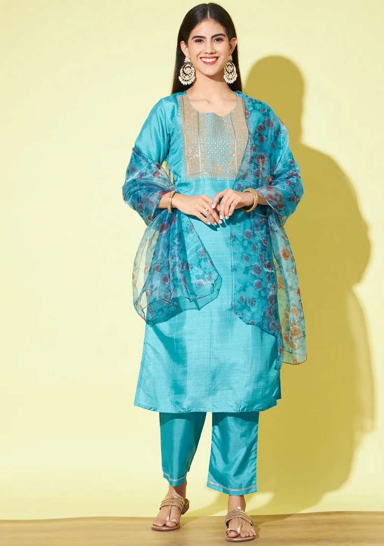 Firoji Blue Embroidered Silk Blend Salwar Kameez With Dupatta - Indya
