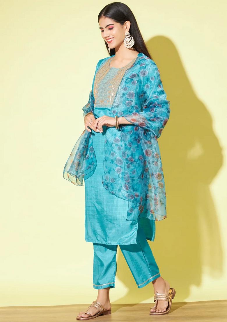Firoji Blue Embroidered Silk Blend Salwar Kameez With Dupatta