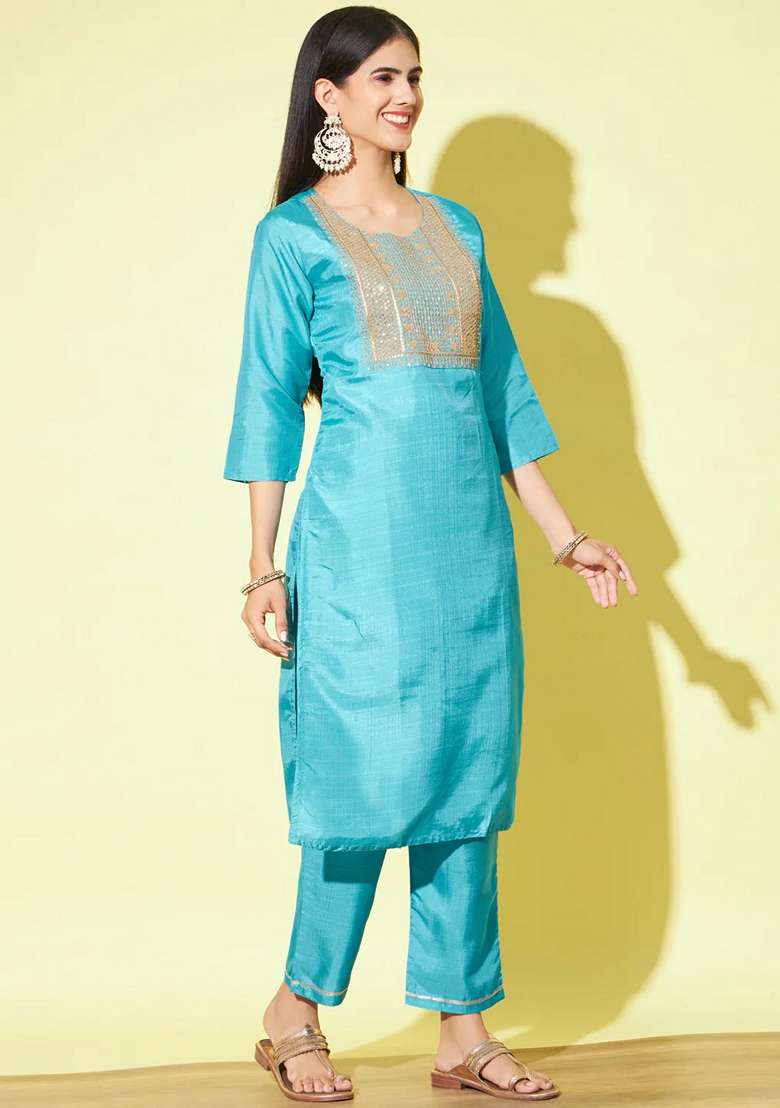 Firoji Blue Embroidered Silk Blend Salwar Kameez With Dupatta - Indya