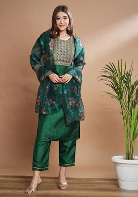 Teal Blue Embroidered Silk Blend Salwar Kameez With Dupatta
