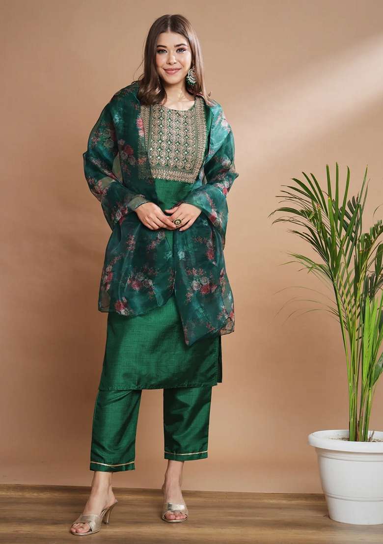 Teal Blue Embroidered Silk Blend Salwar Kameez With Dupatta - Indya