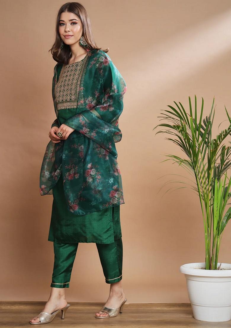 Teal Blue Embroidered Silk Blend Salwar Kameez With Dupatta