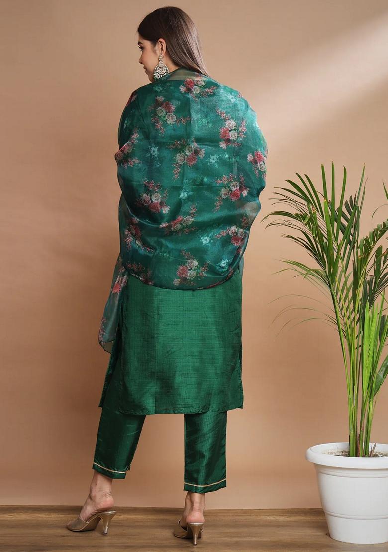 Teal Blue Embroidered Silk Blend Salwar Kameez With Dupatta