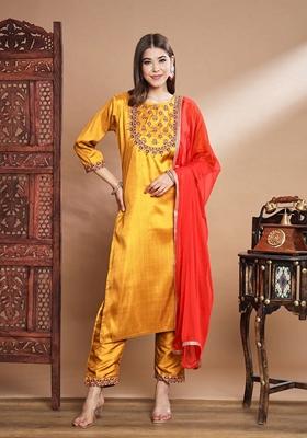 Mustard Yellow Embroidered Pure Cotton Salwar Kameez With Dupatta