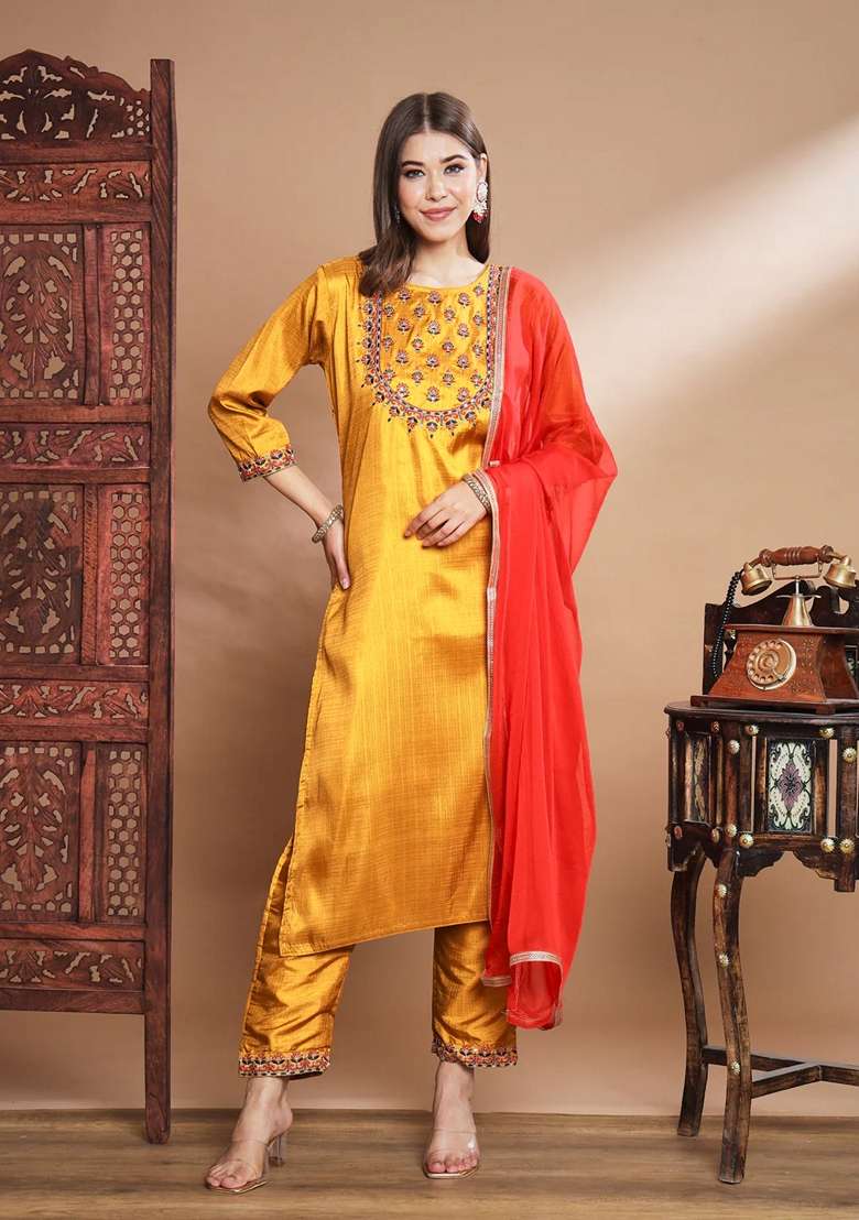 Mustard Yellow Embroidered Pure Cotton Salwar Kameez With Dupatta - Indya