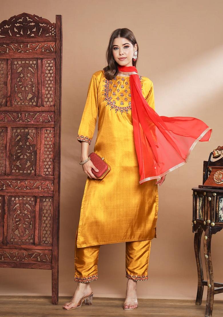 Mustard Yellow Embroidered Pure Cotton Salwar Kameez With Dupatta