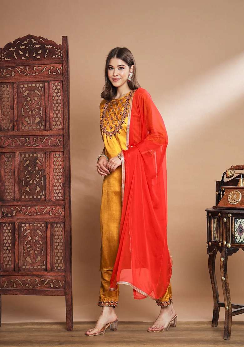 Mustard Yellow Embroidered Pure Cotton Salwar Kameez With Dupatta - Indya